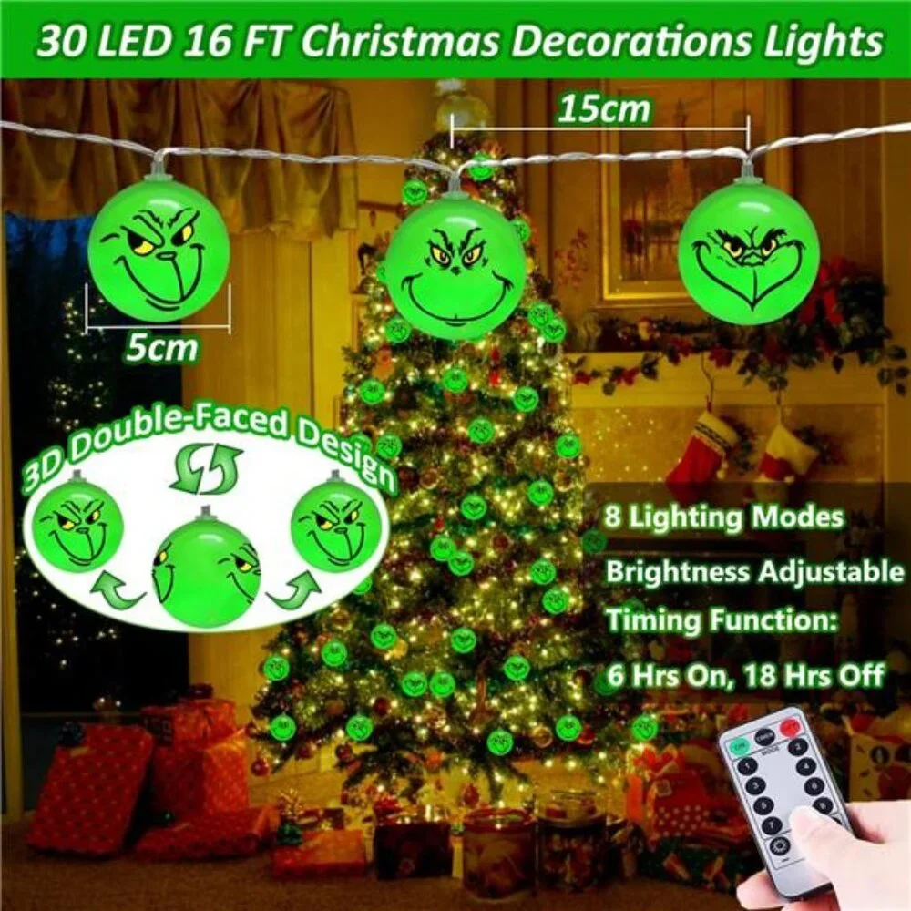 30 LED 16Ft Grinch Christmas Lights, Battery Operated,8 Modes for Indoor/Outdoor